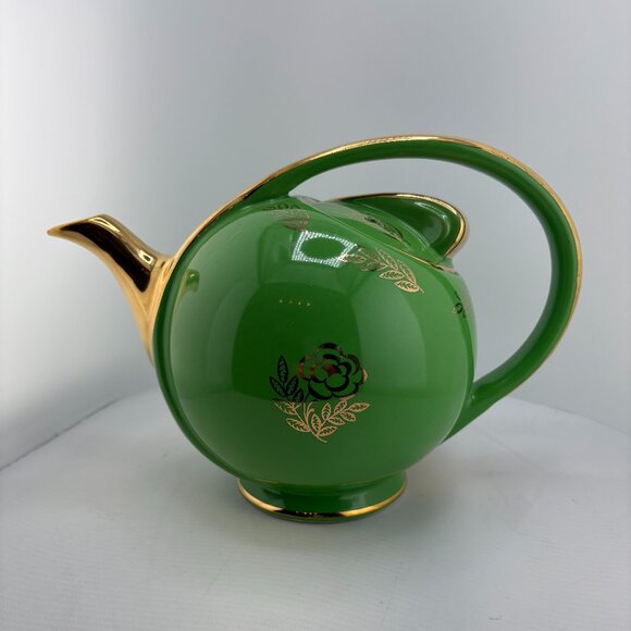 Vintage Hall Rhythm 6-Cup Teapot Emerald Green Gold Rose Mid-Century - Picture 1 of 9